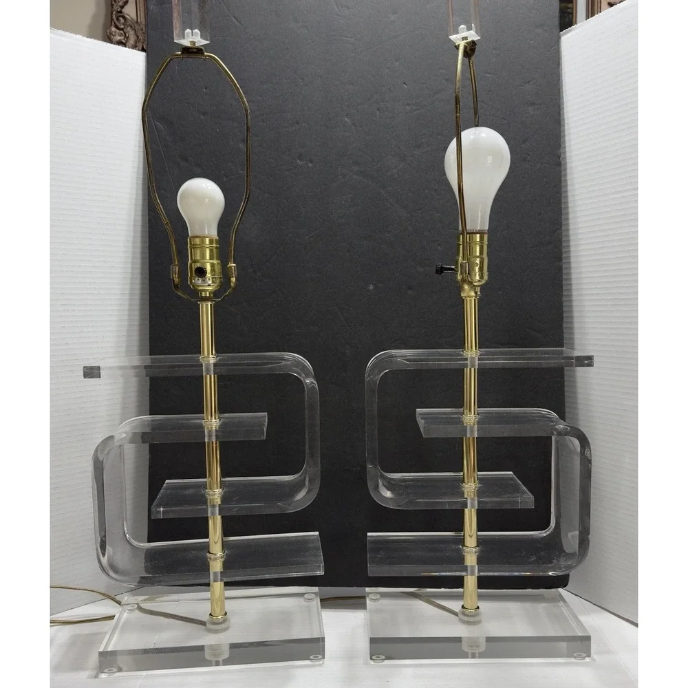 Pair Lucite Table Lamps 2 Lights Vtg Waterfall Clear Art Deco MCM 27